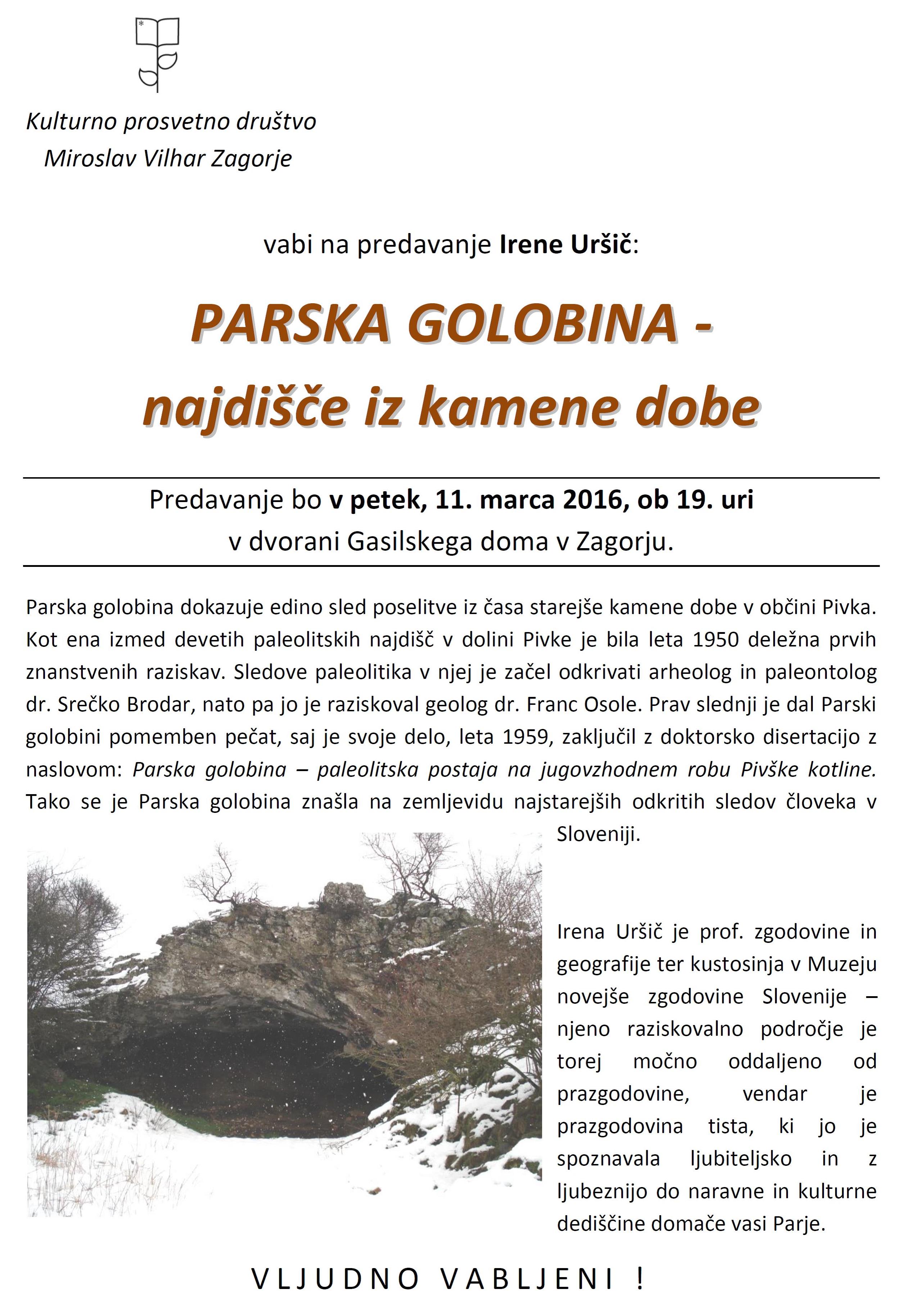 Predavanje "PARSKA GOLOBINA -najdišče iz kamene dobe" - pivka.si